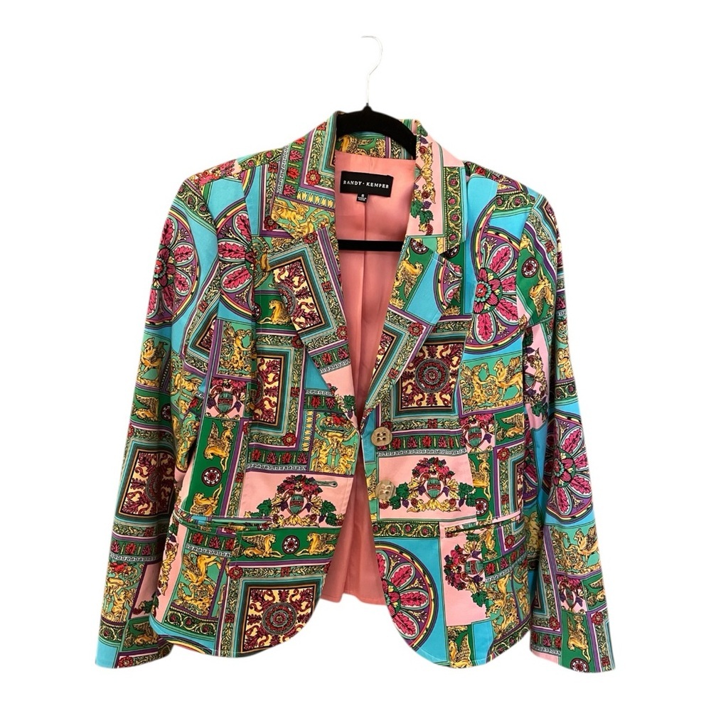 Randy Kemper Designer Cotton Blazer, Colorful Print, Size 8.